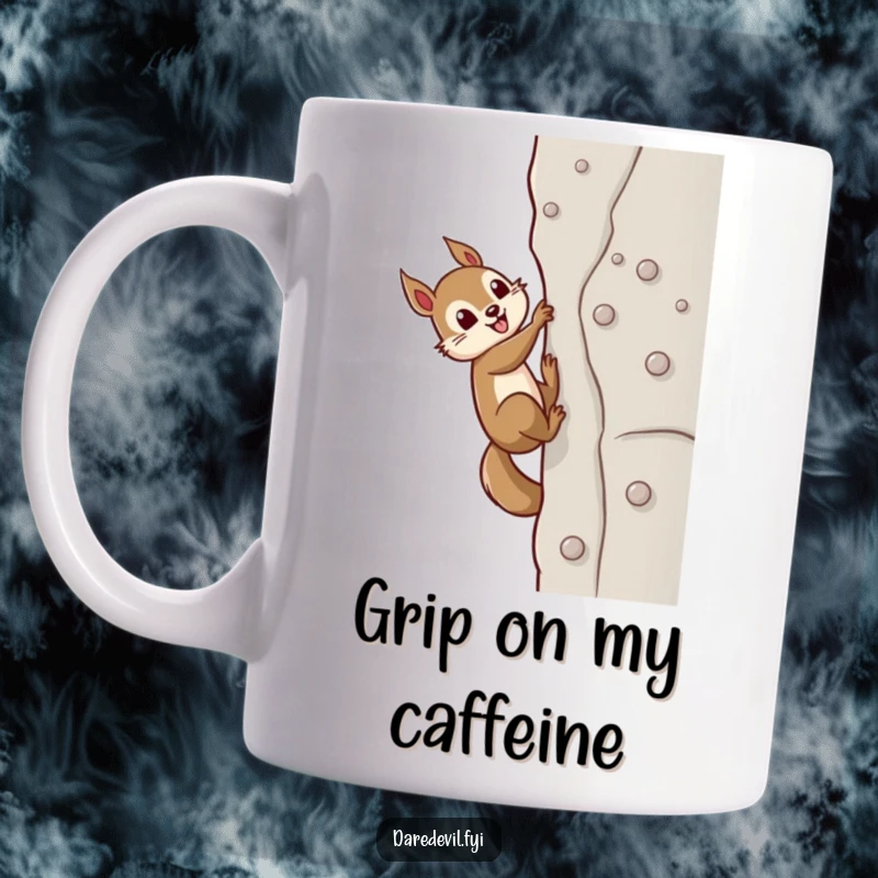 Funny determined squirrel heroically climbing a sheer wall using tiny suction cups, showcasing perseverance in a humorous mug design.