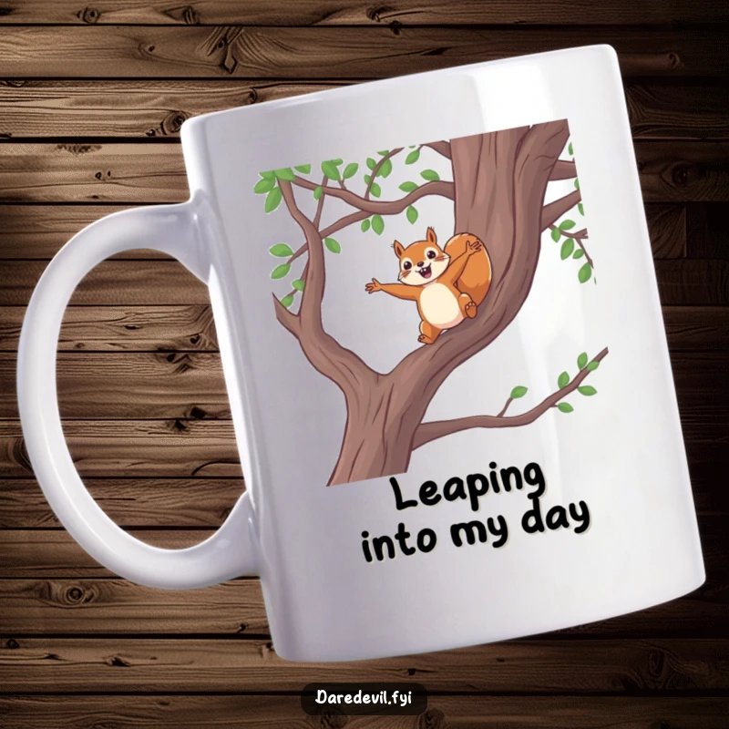 Funny squirrel leap mug, brave squirrel jumping from high tree branch with outstretched arms, adventurous, humorous, perfect gift for thrill-seekers.