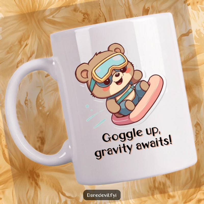 Funny hugging bear wearing goggles speeding down a slide with thrill, perfect for a funny gift.