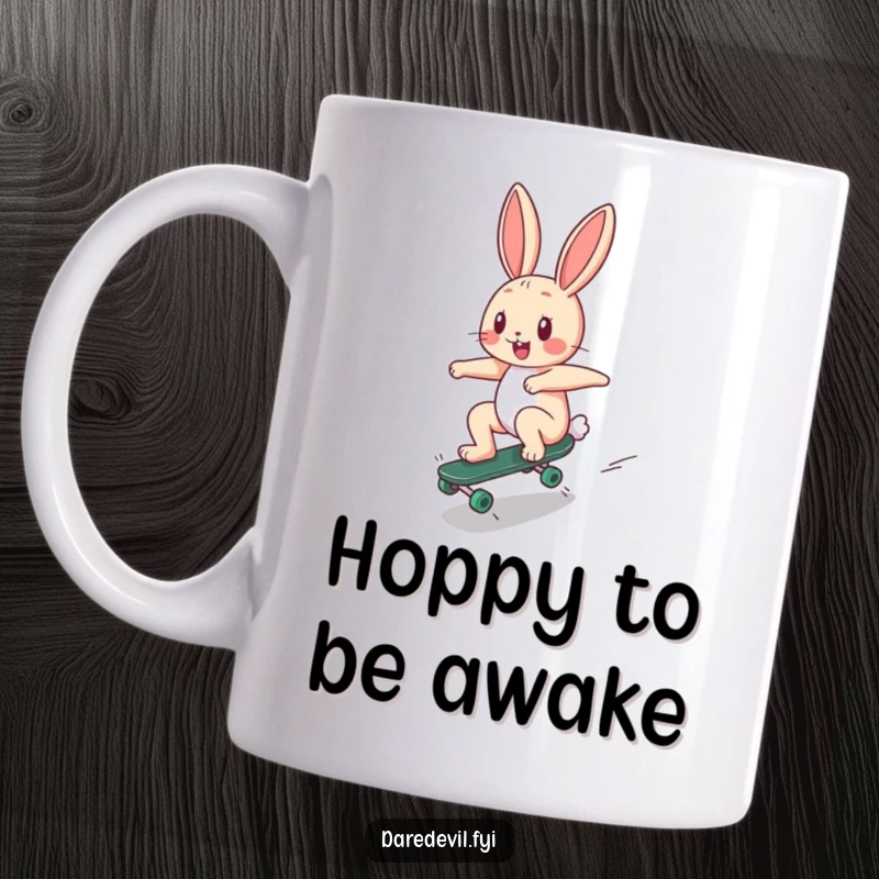 Funny Mug: A happy bunny character zooms down a ramp on a tiny skateboard, embodying radical and playful energy.