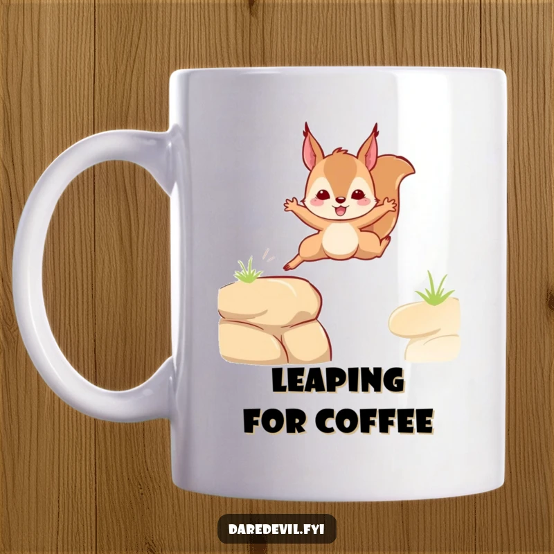 Funny mug depicting a squirrel in mid-air, fearlessly leaping across a gap with determination.