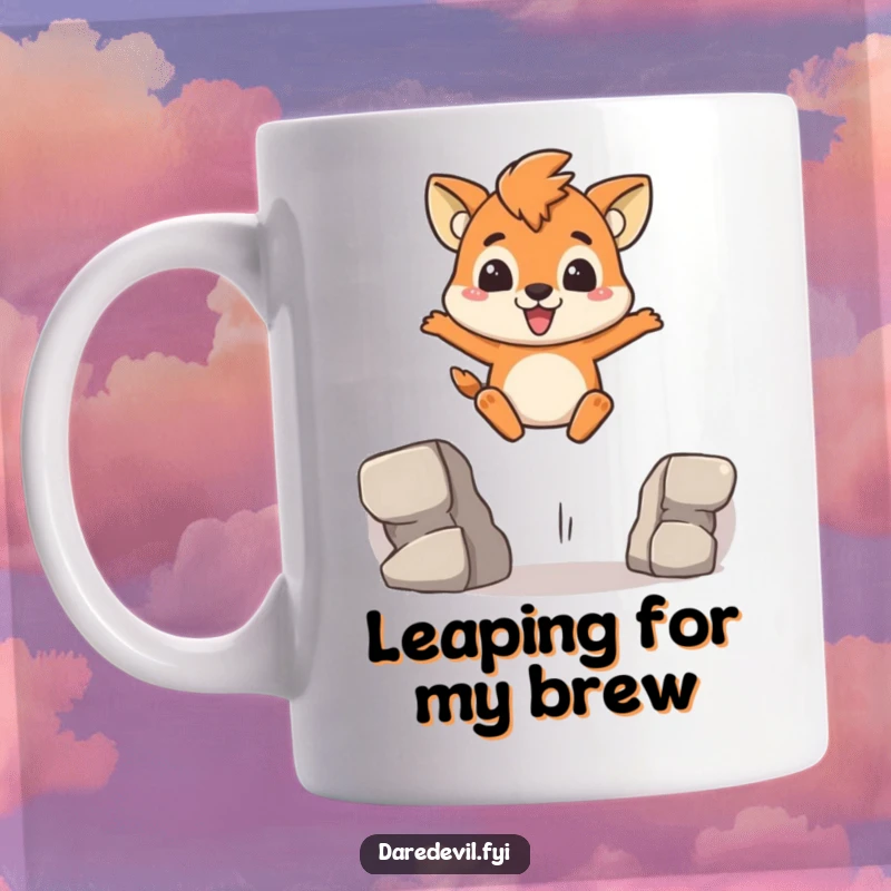 Funny Mug featuring a brave animal character leaping across a small gap with a focused, determined grin, showcasing courage.