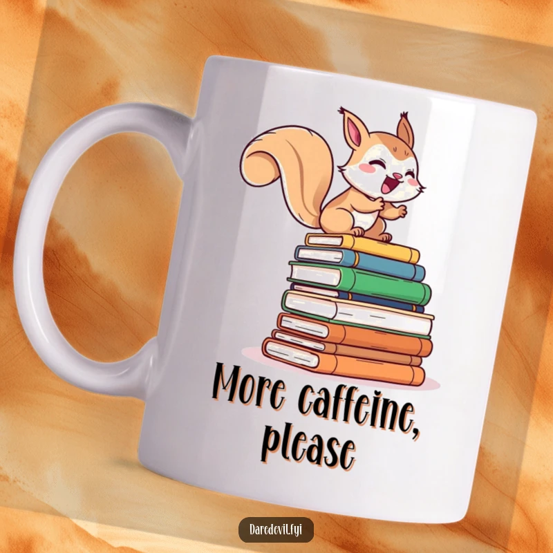 Funny mug showing a giggling squirrel character rapidly ascending a towering stack of colorful books, conveying a love for reading and adventure.