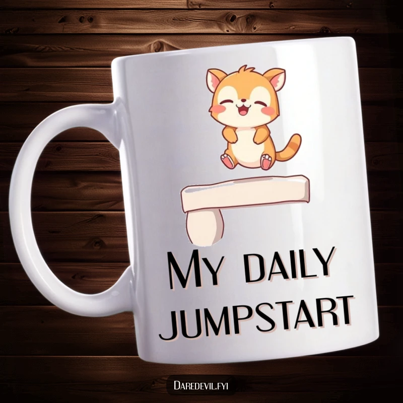Funny Mug with a giggling animal character playfully leaping off a small ledge with pure joy and excitement.