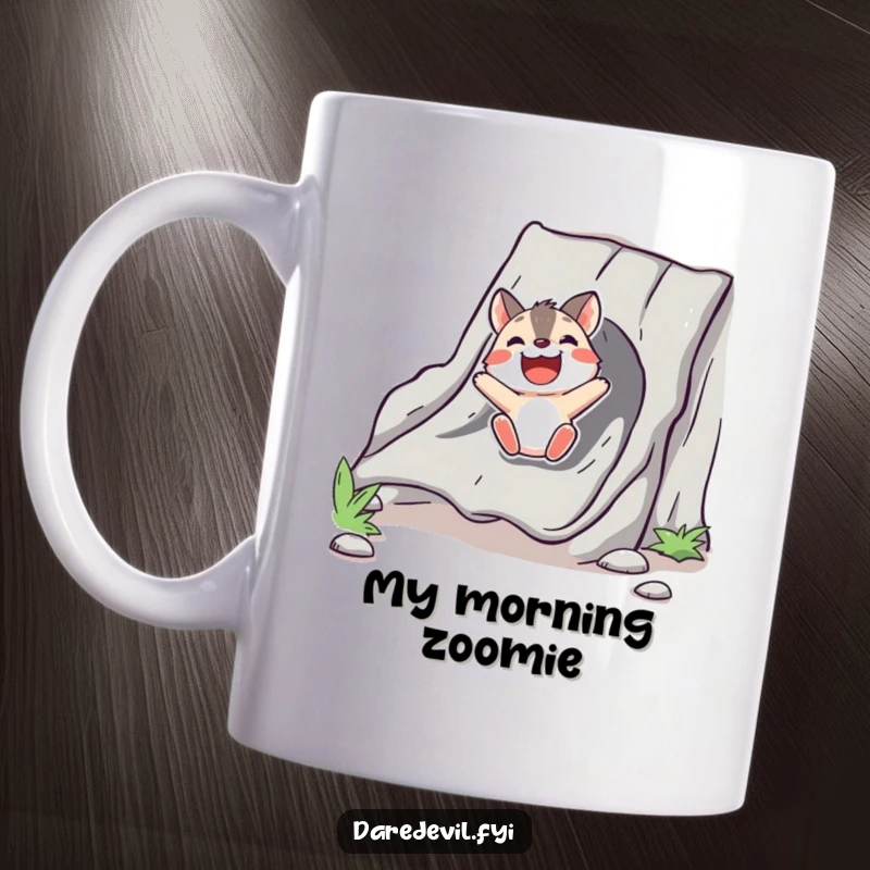 Funny Mug showcasing a bold animal character gleefully sliding down a makeshift chute with pure delight and excitement.