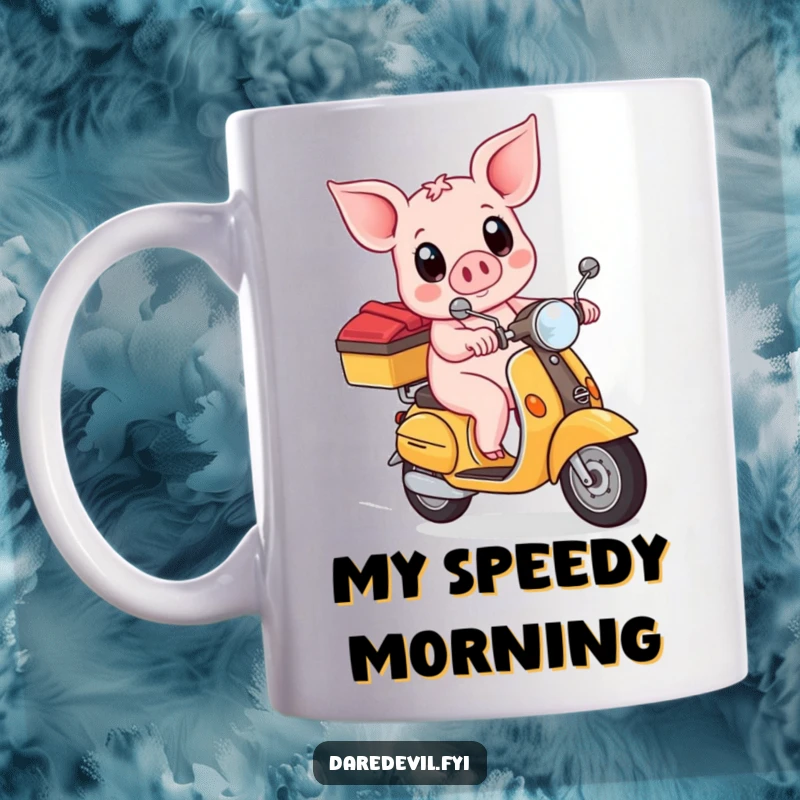 Funny piglet with wide eyes bravely riding a scooter, captured on a high-quality mug.