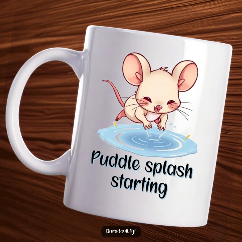Funny spunky mouse character mid-air, leaping daringly into a small puddle on a cheerful coffee mug.