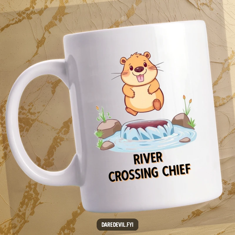 Funny mug showing a joyful capybara mid-air, bravely jumping over a small river with a huge smile.