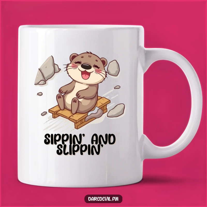 Funny Otter Sledding Mug: Hilarious Fun on a Rocky Ride!