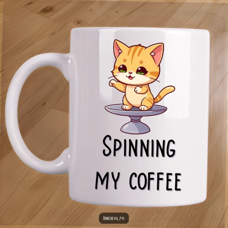 Funny cat mug with a mischievous cat character skillfully balancing on a rapidly spinning plate, showing concentration.