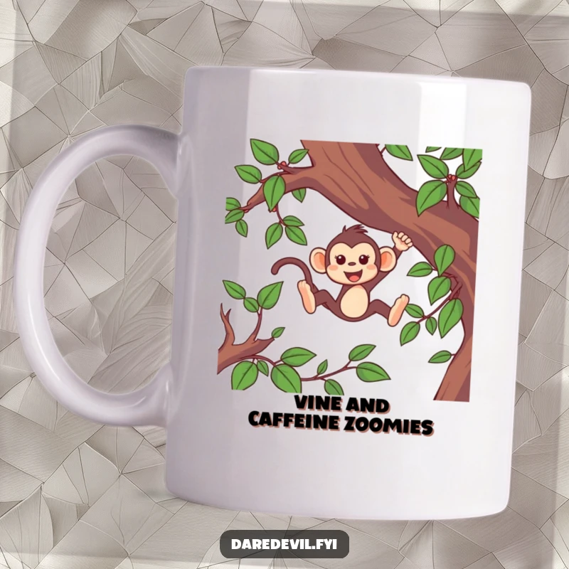 Funny monkey mug with a lively monkey character swinging at high speed through green vines, capturing pure adventurous joy.