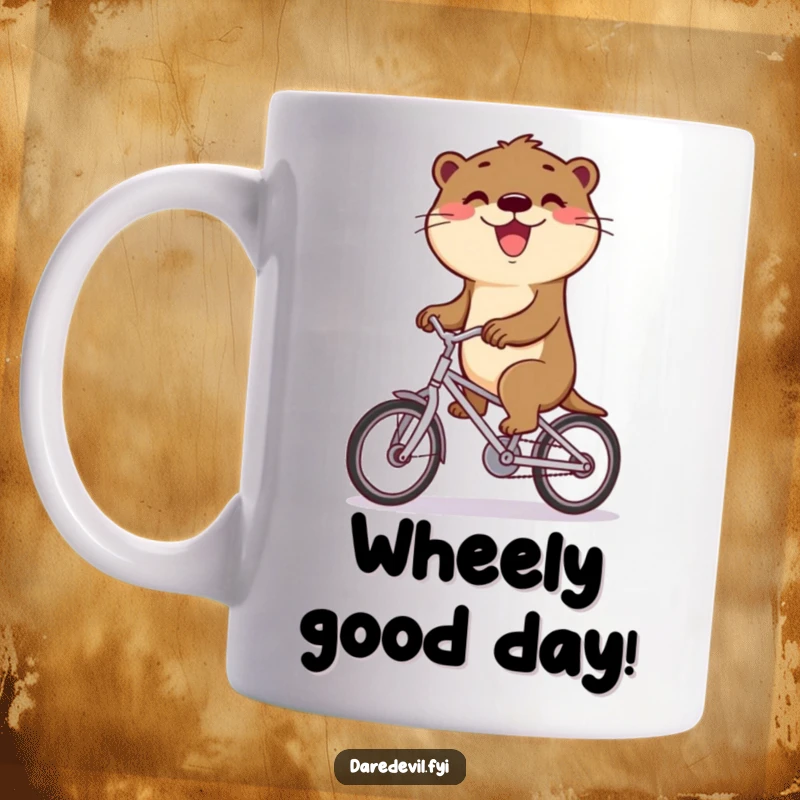 Funny otter with a triumphant grin riding a small bicycle, symbolizing joy and accomplishment for a funny mug.