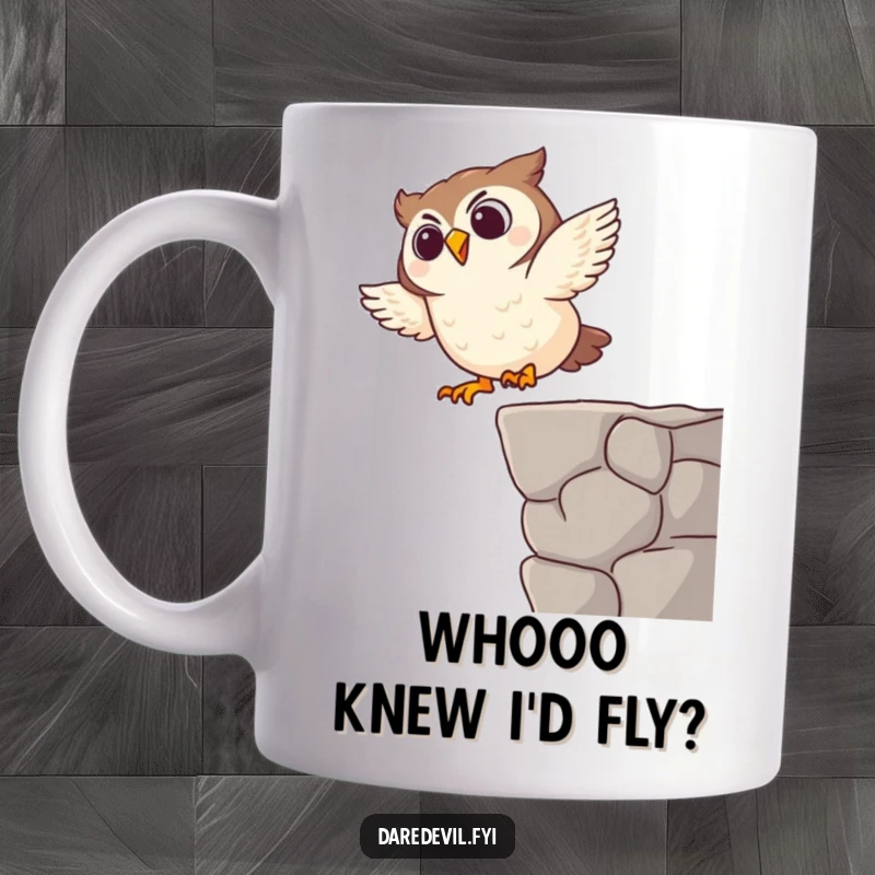 Funny mug with a giggling owl character taking a brave dive off a small ledge, capturing a moment of pure, comical joy.