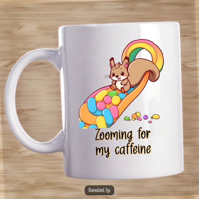 Funny squirrel mug showing a playful squirrel zooming down a vibrant rainbow slide made entirely of candy, embodying pure joy and fun.
