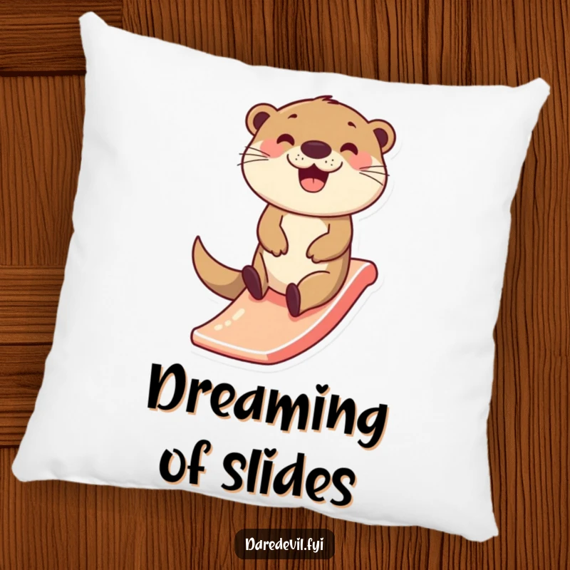 Funny Otter Pillow: A happy otter character zips down a tiny slide with a wide smile, bringing pure joy and cozy comfort.