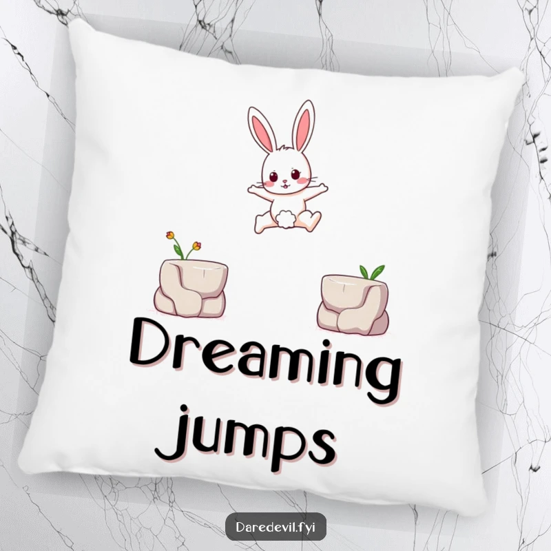 Funny pillow with a brave rabbit character leaping across a small gap between two tiny platforms, adding humorous comfort to any space.
