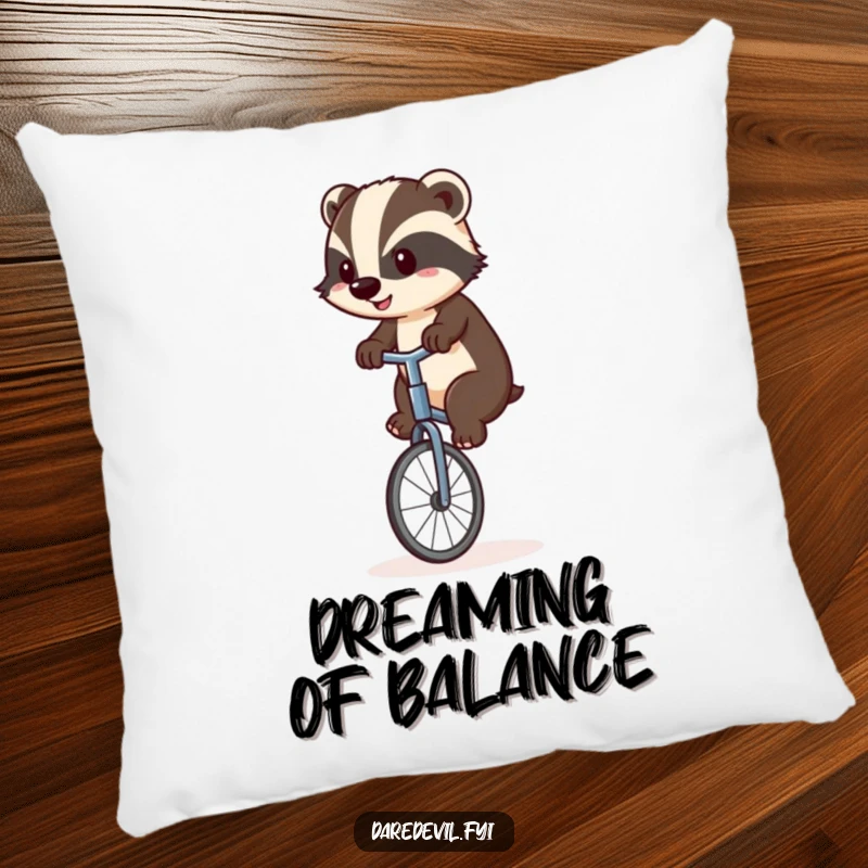 Funny badger looking a bit precarious on a unicycle, soft and cuddly, offering comfort and humor, an adorable funny gift.