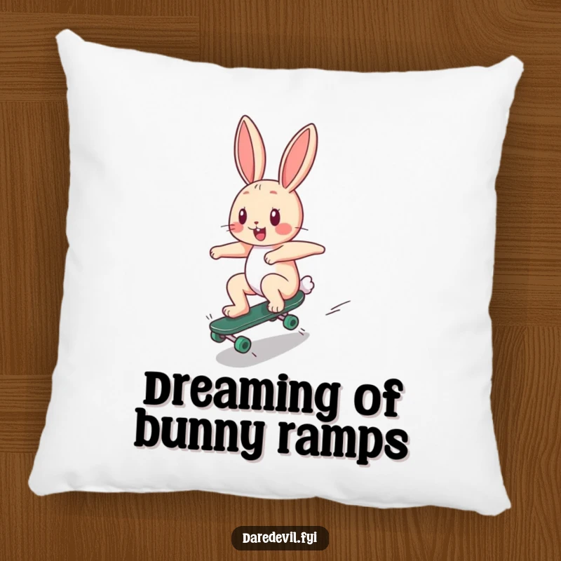 Funny Pillow: A happy bunny character zooms down a ramp on a tiny skateboard, bringing humorous comfort to any space.