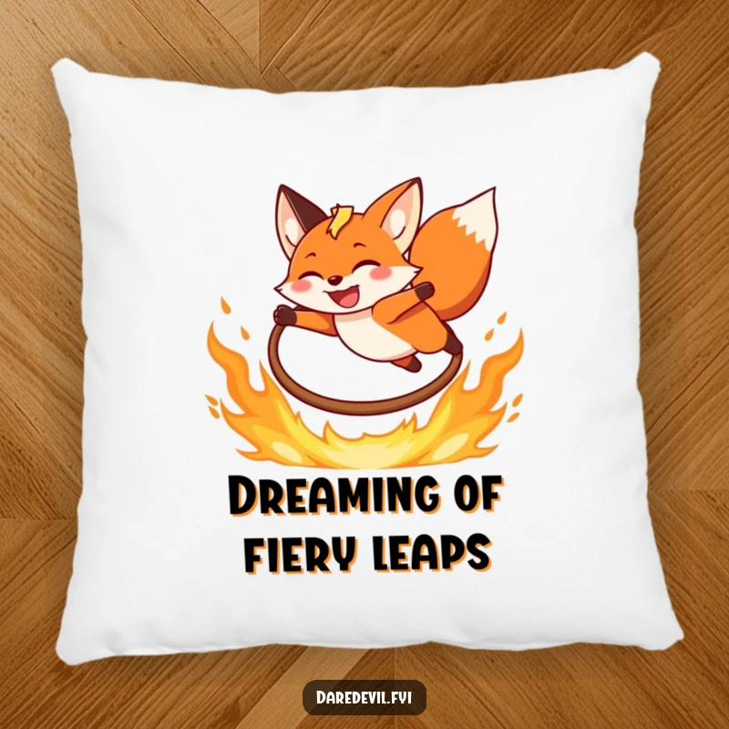 Funny Fox Pillow featuring a grinning fox leaping over a fiery hoop, offering soft comfort and a humorous, daring touch.