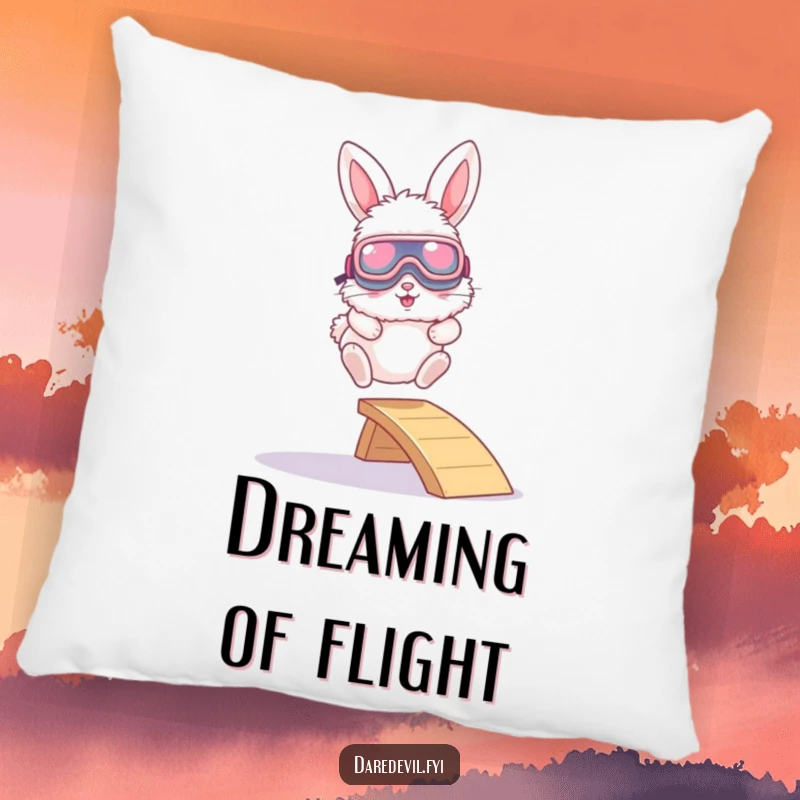 Funny pillow showcasing a fluffy bunny in oversized goggles, mid-leap from a tiny ramp, adding a touch of extreme fun.