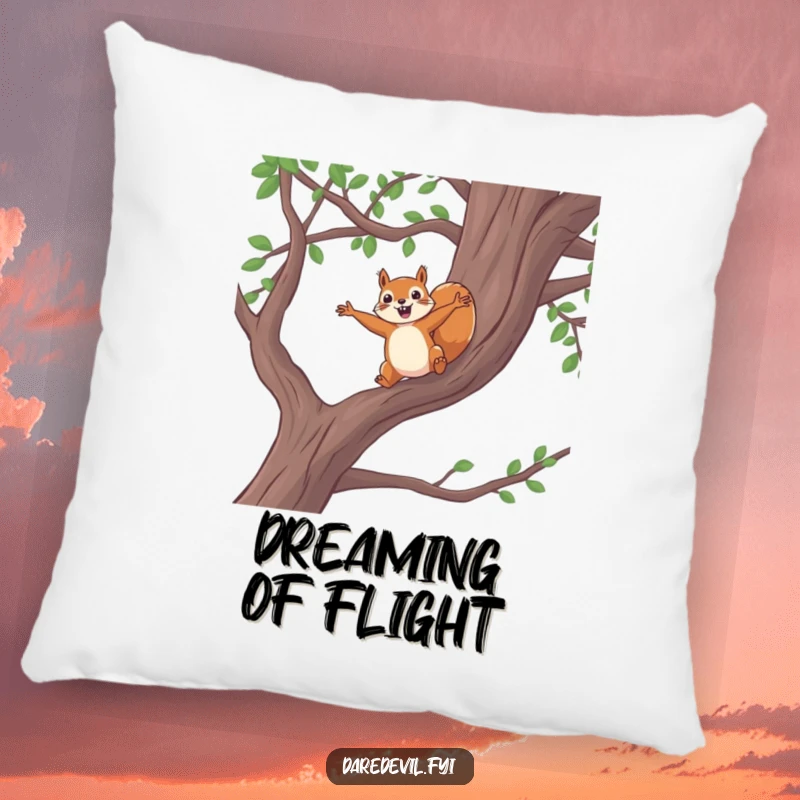 Funny squirrel pillow, brave squirrel jumping from tree branch, cozy home decor, comfortable and humorous gift for adventurers.