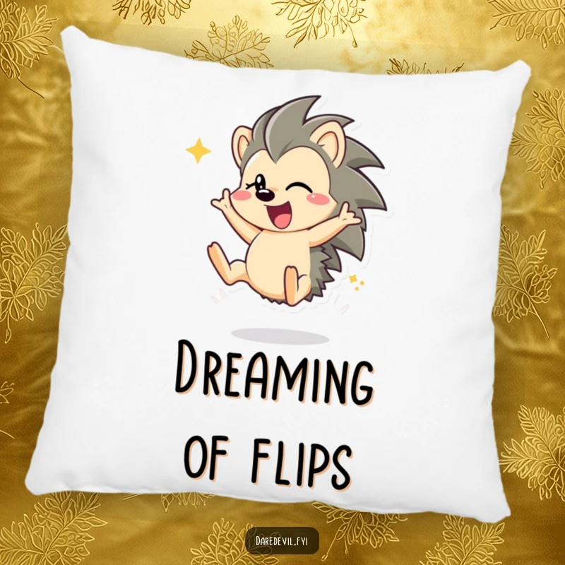 Funny hedgehog character mid-somersault, depicted on a soft, decorative pillow for cozy, humorous home accent.