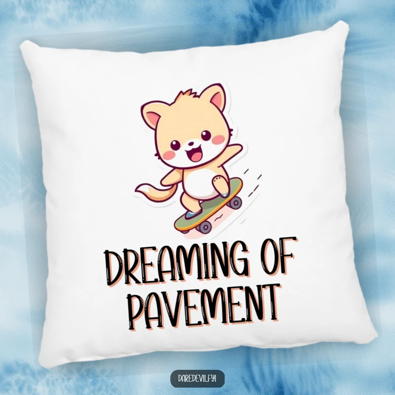 Funny Pillow showing a cheerful animal character in mid-ramp zoom on a tiny skateboard, bringing playful energy to soft comfort.