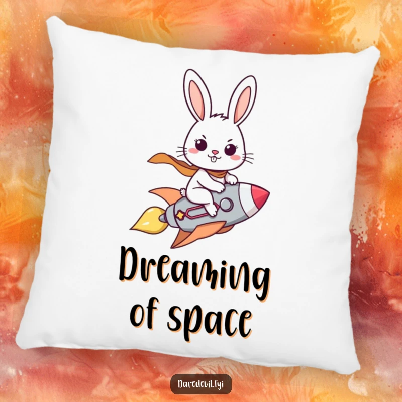 Funny pillow design of a brave rabbit character piloting a small rocket with a determined grin, perfect for cozying up.