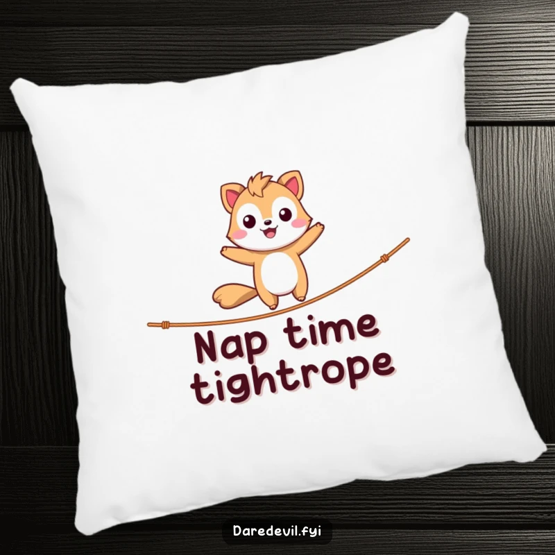Funny Accent Pillow showcasing a daring animal character happily balancing on a tightrope, a soft and humorous decor item.