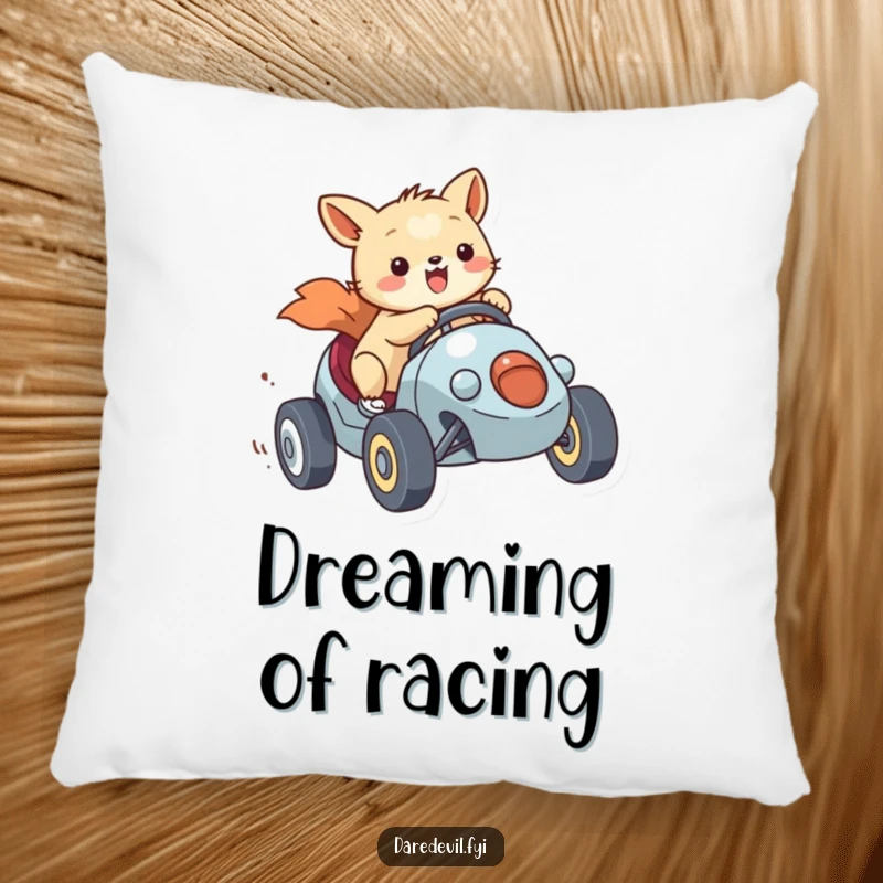 Funny Accent Pillow showcasing a smiling animal character racing a tiny vehicle with gusto, a soft and humorous decor item.
