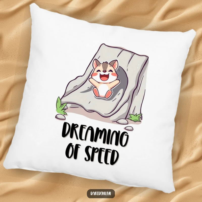 Funny Pillow featuring a bold animal character experiencing pure delight while sliding down a makeshift chute, adding humor.