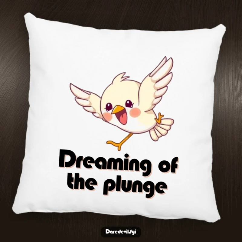 Funny pillow with a depiction of a bird in a joyful, headfirst dive, bringing a sense of playful abandon to your decor.