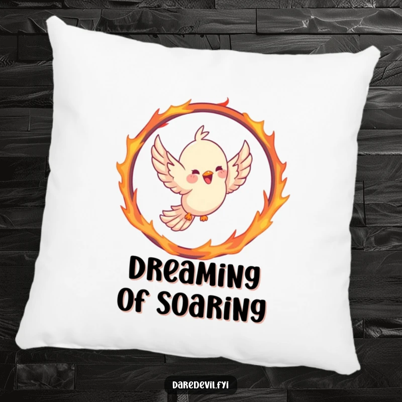 Funny bird pillow featuring a joyful bird soaring through a hoop shaped like a fiery ring, wings outstretched in a triumphant pose.