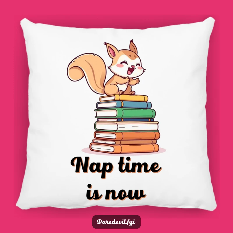 Funny Book Lover Pillow: Giggling Squirrel Climbs Books, Comfy Funny Gift