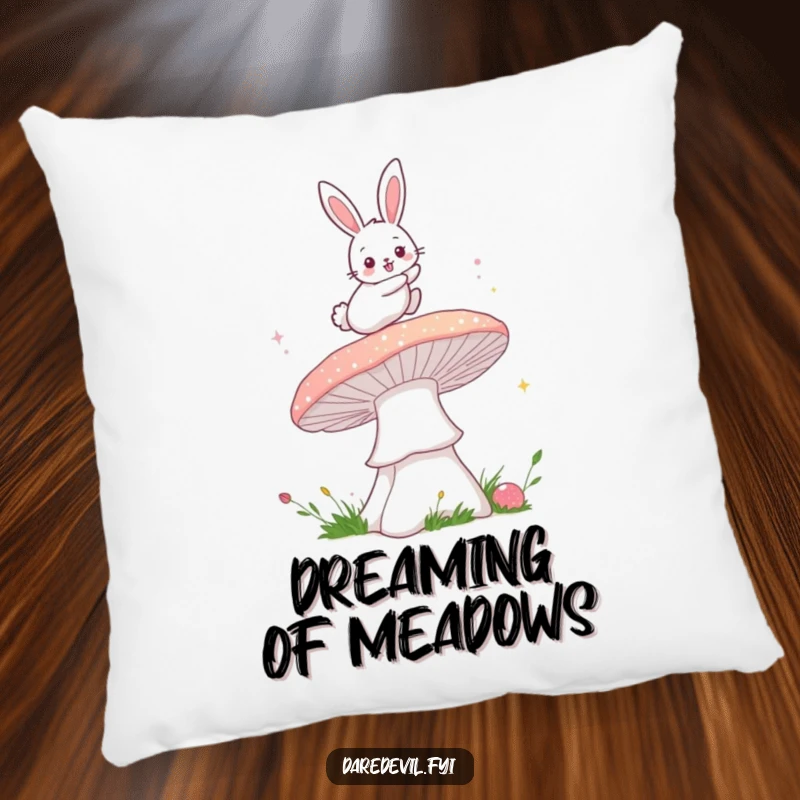 Funny bunny mushroom pillow with a fluffy bunny bravely leaping over a giant, sparkly mushroom, ideal for adding humorous comfort and magical charm.