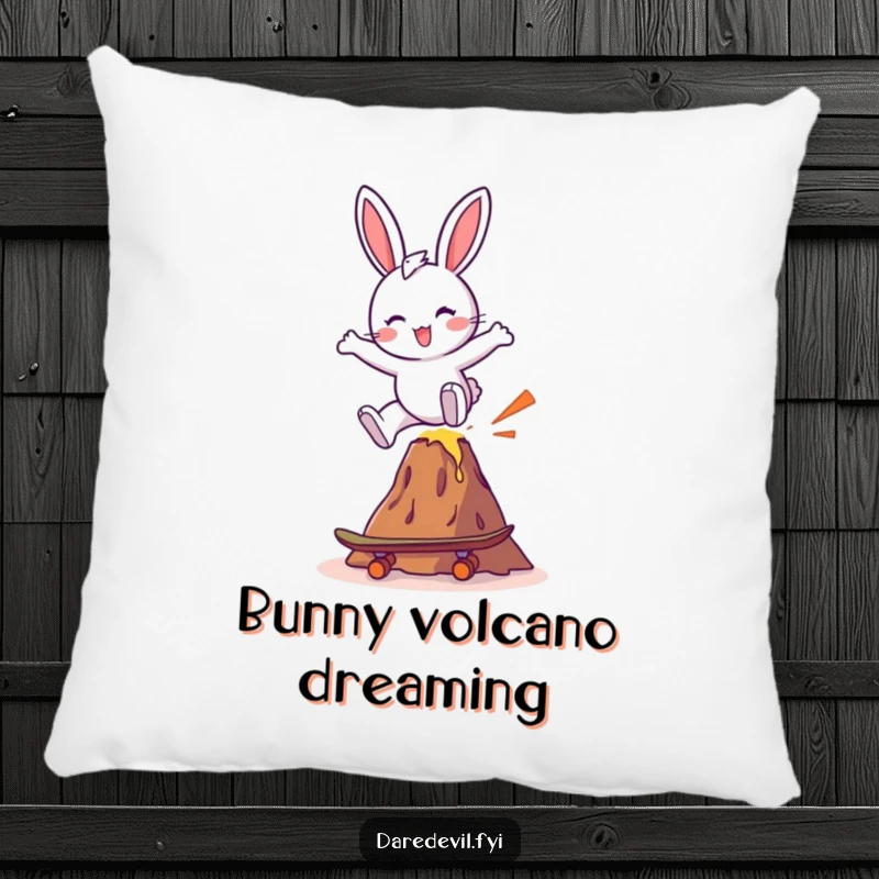 Funny bunny character captured mid-air on a skateboard, daringly flying over a small volcano, ideal for humorous decor.