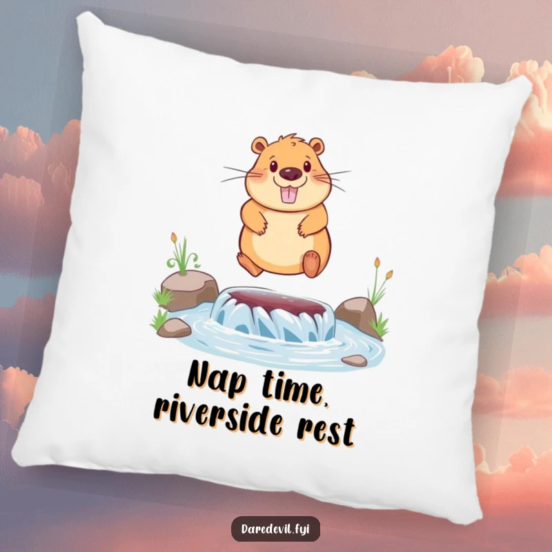 Funny pillow design of a smiling capybara leaping over a river, offering comfort and a splash of humor.