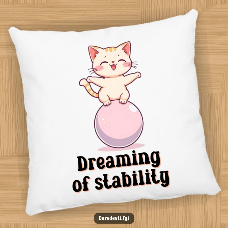 Funny cat balancing on a rolling sphere, featured on a soft, plush pillow, bringing comfort and humor to any room.