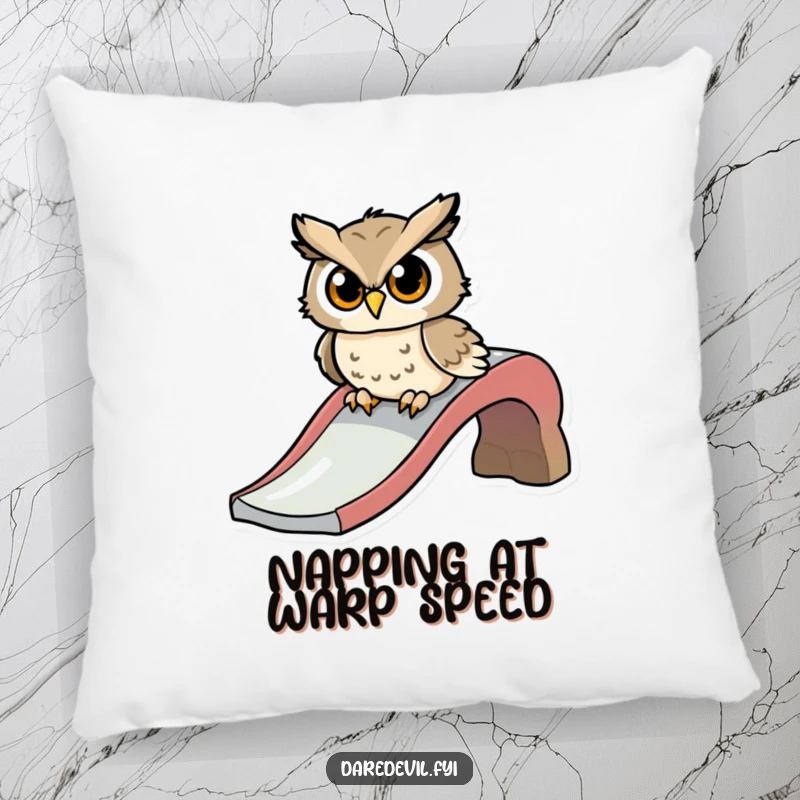 Funny pillow design of a determined owl character at the top of a slide, ready to zoom down with excitement.
