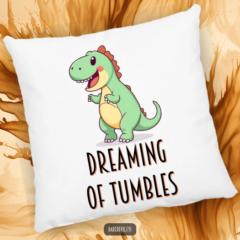 Funny pillow design of a joyful dinosaur attempting a backward somersault, offering comfort and a splash of humor.
