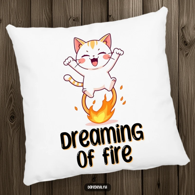 Funny pillow design of a mischievous cat character mid-air, joyfully leaping over a spectacular fiery hoop with great glee.