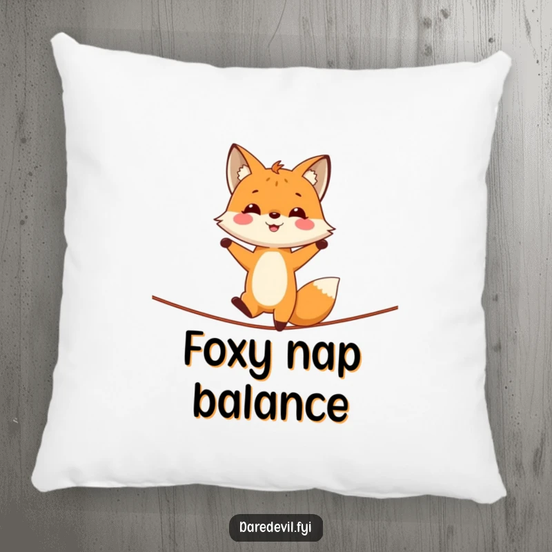 Funny fox in a handstand on a tightrope, a soft and humorous pillow design for cozy spaces.