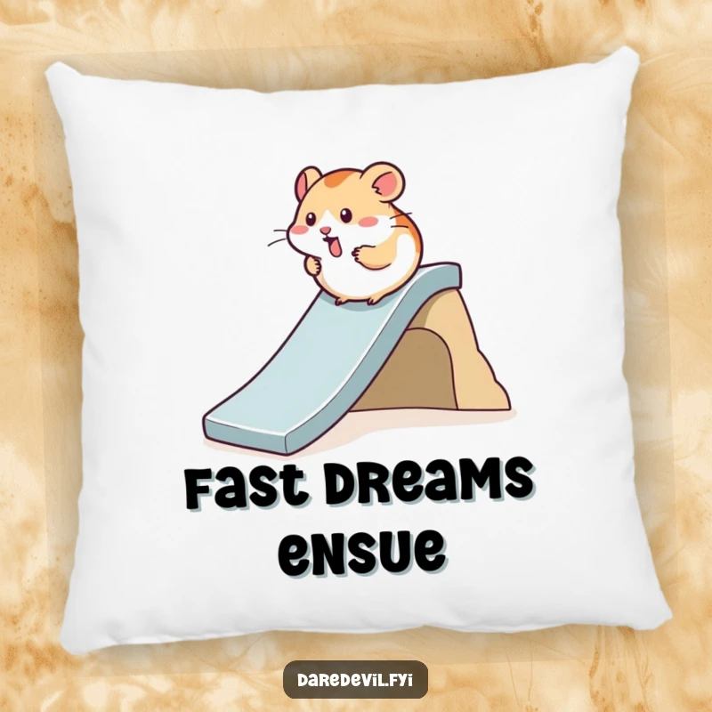 Funny Hamster Pillow featuring a hamster speeding down a steep slide, offering comfort and a dose of miniature adventure.