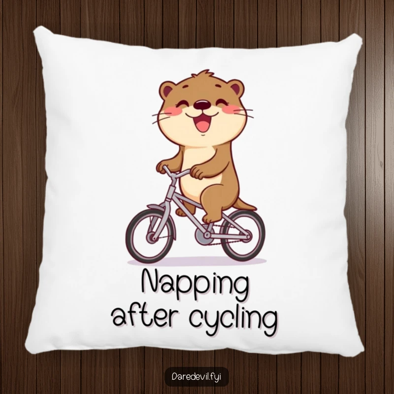 Funny otter rides a bicycle with a triumphant grin, bringing cozy joy to a funny pillow.