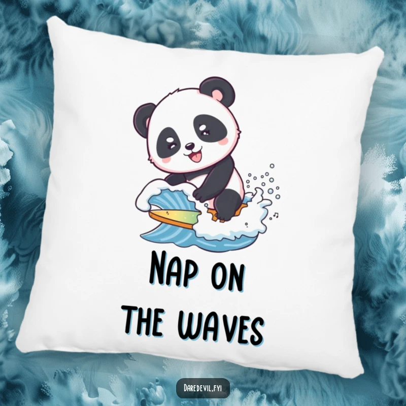 Funny Pillow with a smiling panda attempting to surf a tiny, crashing wave, offering comfort and a dose of humorous beachy relaxation.