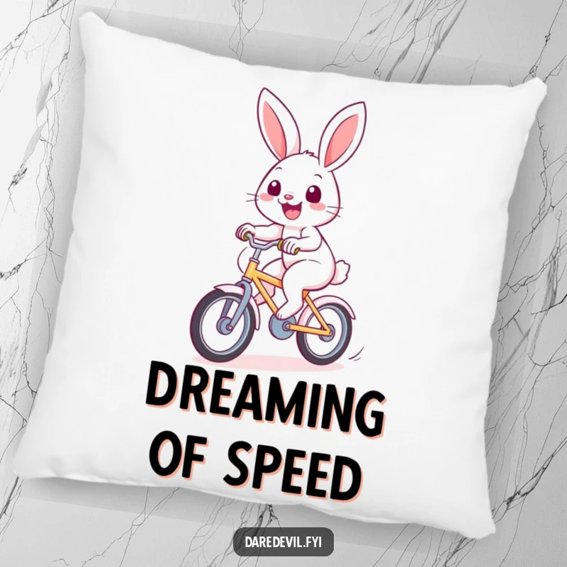 Funny rabbit pillow featuring a cheerful bunny riding a fast bicycle, adding humor and comfort to any space.
