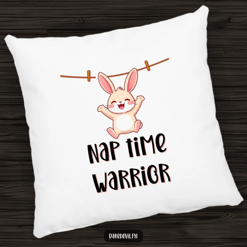 Funny cheerful rabbit swings wildly from a clothesline, bringing cozy, playful vibes to a funny pillow.