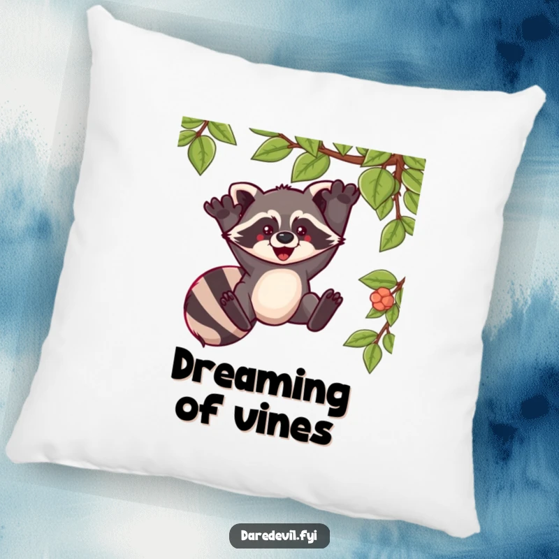 Funny pillow illustration of a raccoon swinging from a vine with pure exhilaration, offering comfort and a humorous touch.
