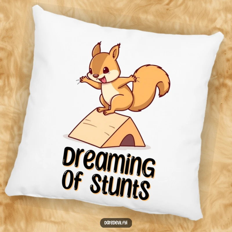 Funny squirrel pillow featuring a playful squirrel doing a daring flip off a mini ramp, adding humor to home decor.
