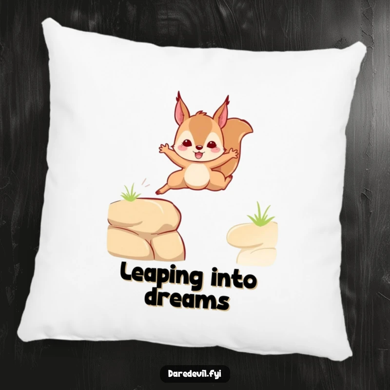 Funny pillow with a squirrel leaping daringly, offering comfort and an inspiring, humorous display as a funny gift.